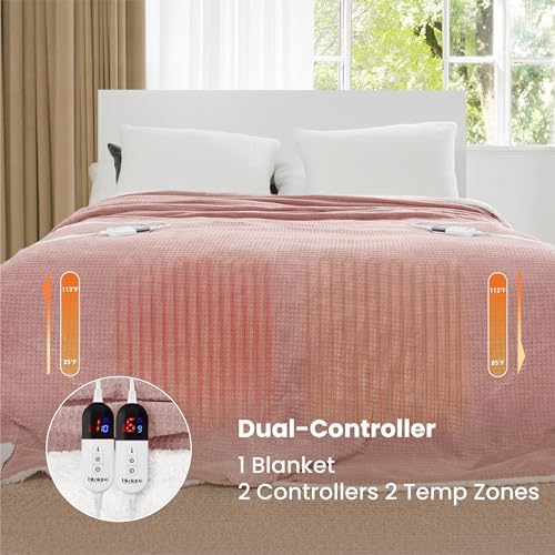 Heated Blanket Electric Blanket King Waffle, 90x100 Inches Dual Controllers Sherpa Fleece Fast Heating Blanket 6 Heating Levels & 10 Hours Auto Off ETL Certification, Pink King
