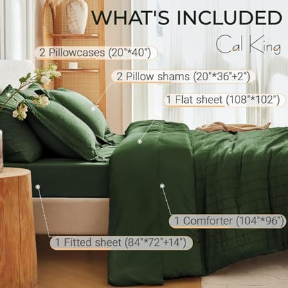 MUXHOMO 7 Pieces California King Comforter Set, Seersucker Bed in a Bag Cal King Size, All Season Luxury Bedding Set with Comforter, Flat Sheet, Fitted Sheet, Pillowcases & Shams, Dark Green