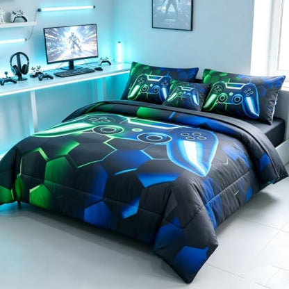URBONUR 6Pcs Gaming Comforter Set Twin Size for Boys Girls Blue Green
