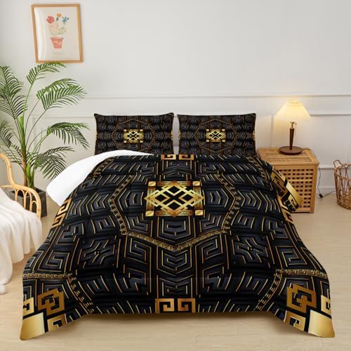 Black and Gold Plaid Comforter Set King，King Quilt Bedding Set Plaid，with 1 Comforter with 2 Pillow Case