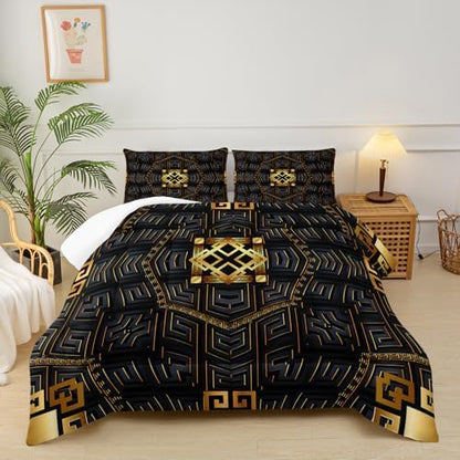Black and Gold Plaid Comforter Set King，King Quilt Bedding Set Plaid，with 1 Comforter with 2 Pillow Case