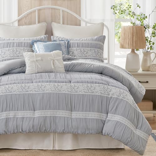 Madison Park 5-Piece Farmhouse Comforter Set with Ruching & Lace Trim, Soft Chambray Bedding, Includes Comforter and 2 Decorative Pillows, King, Blue