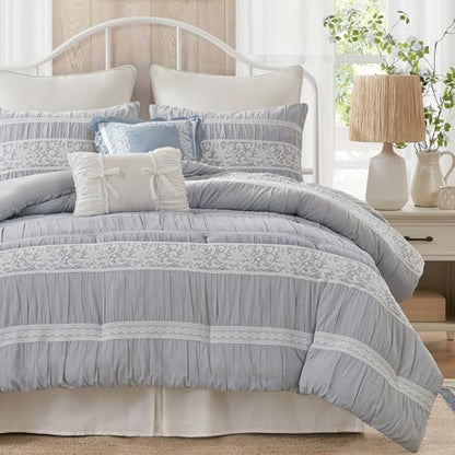 Madison Park 5-Piece Farmhouse Comforter Set with Ruching & Lace Trim, Soft Chambray Bedding, Includes Comforter and 2 Decorative Pillows, King, Blue