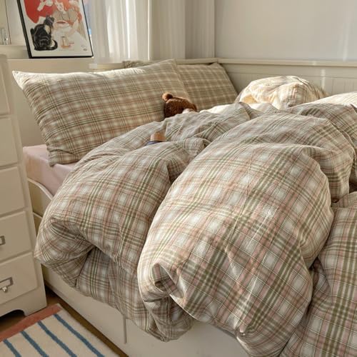 mixinni Queen Comforter Set, Green Buffalo Plaid Bedding Set 3-Piece, Vintage Geometric Pattern, Lightweight & Fluffy Comforter, Soft Breathable Grid Bed Set for All-Season,(Green, Pink, White)