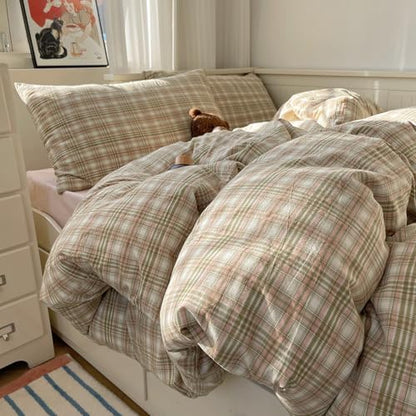 mixinni King Comforter Set, Green Buffalo Plaid Bedding Set 3-Piece, Vintage Geometric Pattern, Lightweight & Fluffy Comforter, Soft Breathable Grid Bed Set for All-Season,(Green, Pink, White)