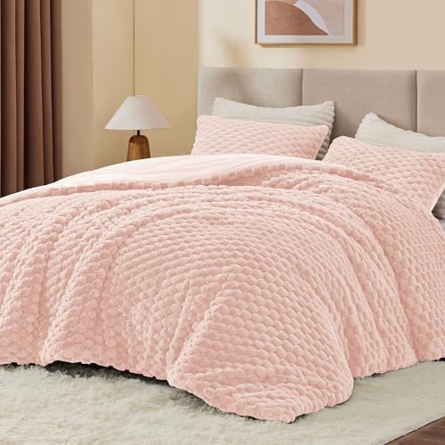 BEDELITE Fluffy Queen Comforter Set, Pink Fleece Bed Set 3 Pieces