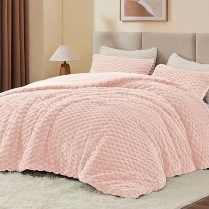 BEDELITE Fluffy King Size Comforter Set, Pink Fleece Bed Set 3 Pieces