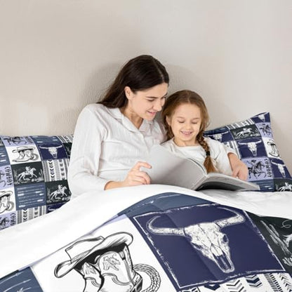Manfei Cowboy Comforter Set Twin Size, Horse Bull Skull Cowboy Boots Hat Bedding Set 2pcs, Kids Boys Teens Room Decor, Boho Navy Blue Lattice Patchwork Down Comforter Western Quilt Set, 1 Pillowcase