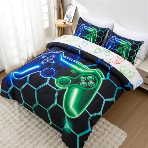 NTBED Twin Gaming Comforter Set for Boys Girls Kids 3D Game Bed in A Bag Lightweight Gamer Bedding Sets Blue Green