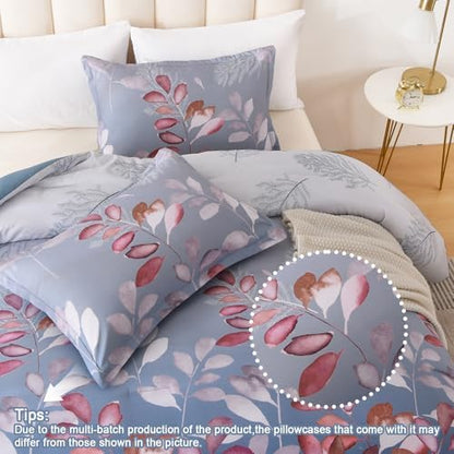 DJY Queen Comforter Set, Blue Purple Botanical Leaves Comforter Set Queen Size, 3 Pieces Reversible Purple Floral Bed Comforter Sets Soft Microfiber Bedding Comforter Set for All Season (90"x90")