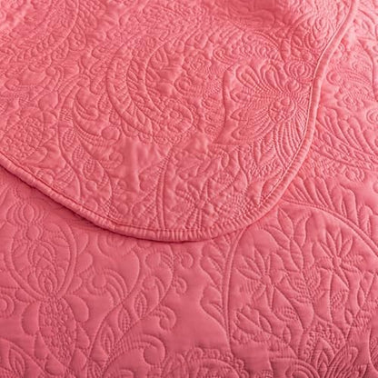 HoneiLife Queen Quilt Bedding Set - Microfiber Quilt Sets for Queen Bed, 3-Piece Lightweight Bedspreads,Reversible Coverlets Rustic Bedlinen Sets, Floral Bedding Set All Season Quilts-Sugar Coral