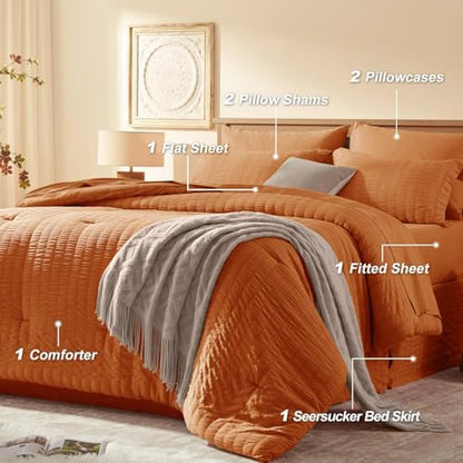 Laojin Balhen King Size Comforter Set 7 Pieces, Burnt Orange Seersucker Bed in a Bag Set King Size, All Season Luxury Bedding Sets with Comforter, Sheets, Pillowcase & Sham