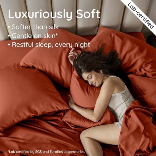 Bambaw 100% Viscose Derived from Bamboo Sheets Full Size Set – 4pcs Set of Full Size Bed Sheets Cooling and Soft, with Elastic Corner Straps, Bedding for Night Sweats (Terracotta)