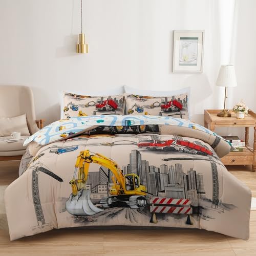 Holawakaka Boy Truck Excavator Twin Comforter Set with Sheets 5 Pieces