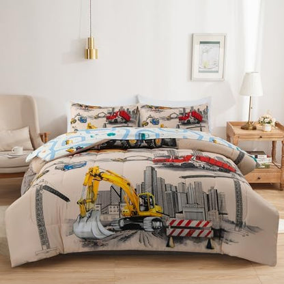 Holawakaka Boy Truck Excavator Twin Comforter Set with Sheets 5 Pieces