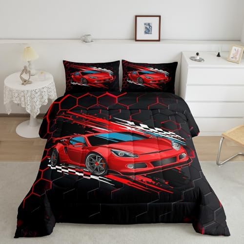 Sports Car Comforter Set Full,Red Race Car Extreme Sport Bedding Set 3pcs for Kids Teens Boys,Competitive Gaming Duvet Insert Set Black White Honeycomb Grid Quilted Duvet Set with 2 Pillowcases