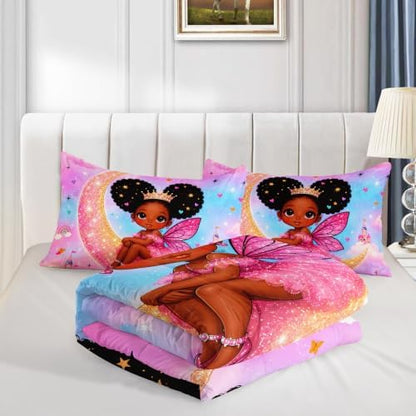 Black Girl Fairy Comforter Set King Size with 2 Pillowcases.