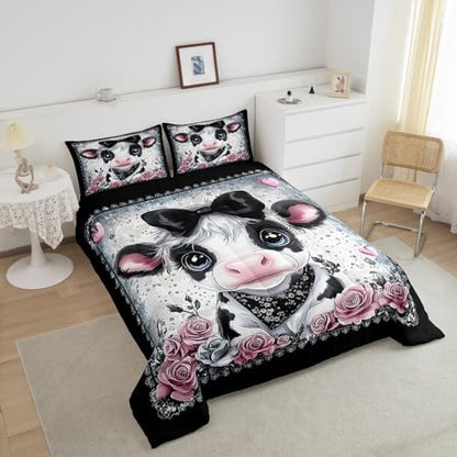 Feelyou Kids Cute Highland Cow Comforter Set Queen Size Highland Cattle Bowknot Bedding Set Boys Girls Flowers Floral Pattern Quilt Set Western Farmhouse Animal Bed Set