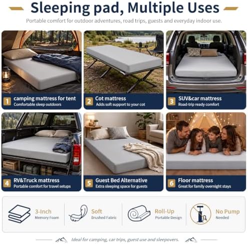 CYMULA Memory Foam Camping Mattress Pad,Sleeping Pad for Camping,Non-Slip Bottom Floor Car Mattress Bed with Retaining Portable Roll up Mattress Pad Mat for Travel Truck Guest Bed Tent