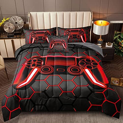 BDUCOK 6 Piece Gamer Comforter Sets Bed in A Bag for Boys Teen Kids,Honeycomb Gaming Bedding Sets Gamepad Comforter Microfiber Bed Set for All Season Gamer Home Decor(red, 6 Piece Sets30023-Queen)