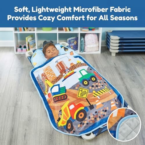 EVERYDAY KIDS Cute Preschooler and Toddler Cot Nap Mat for Home, Daycare, Preschool and Kindergarten; Easy to Roll Sleeping Mat with Elastic Straps, Pillow and Blanket