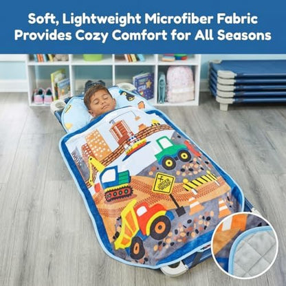 EVERYDAY KIDS Cute Preschooler and Toddler Cot Nap Mat for Home, Daycare, Preschool and Kindergarten; Easy to Roll Sleeping Mat with Elastic Straps, Pillow and Blanket