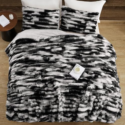 Wonderful Fluffy Faux Rabbit Fur Comforter Set Queen Size, Striped Stitching Tie-Dye Black Plush Fuzzy Bedding Set 3 Pieces, Warm Soft Comforter Bedding Set for Winter, 90"x90"