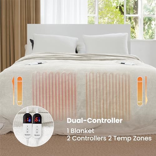 Heated Blanket Electric Blanket Queen Waffle, 84x90 Inches Dual Controllers Sherpa Fleece Fast Heating Blanket 6 Heating Levels & 10 Hours Auto Off ETL Certification,Beige Queen