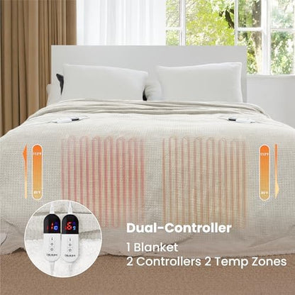 Heated Blanket Electric Blanket Queen Waffle, 84x90 Inches Dual Controllers Sherpa Fleece Fast Heating Blanket 6 Heating Levels & 10 Hours Auto Off ETL Certification,Beige Queen