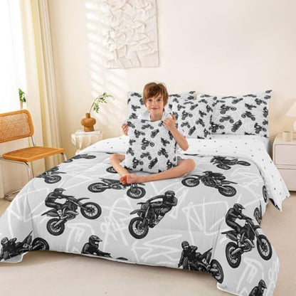 Feelyou Dirt Bike Comforter Set with Sheets 7 Piece King Graffiti Style Lines Bed in a Bag Kids Boys Girls Racing Motocross Rider Bedding Set Motorcycle Bedroom Decor Extreme Sports Soft Lightweight