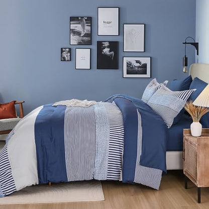 Cottolester Navy Blue Comforter Set Queen Size,Boho Striped Comforters for Boys&Girls,7 Pieces Bed in A Bag Simple Neutral-Style Bedding Sets for Kids Teen