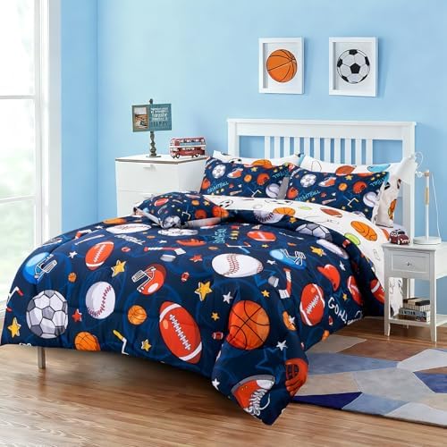 A Nice Night 6Pc Full Basketball Comforter Bedding Set for Kids Teen,Navy