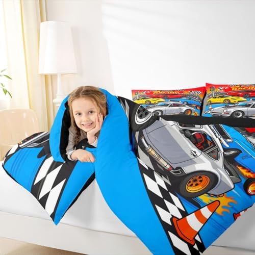 Feelyou Boys Race Car Kids Comforter Set Queen Size Speed Sports Car Bedding Set Racing Extreme Sports Duvet Quilt for Kids Boys Girls Bedroom Automobile Decor Microfiber Ultra Soft Breathable