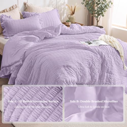 JOLLYVOGUE Lavender Queen Comforter Set, 3 Pieces Seersucker Comforters Queen Size, Lightweight & Fluffy Bedding Sets Queen for All Season with 1 Ruffle Comforter and 2 Ruffle Pillowshams