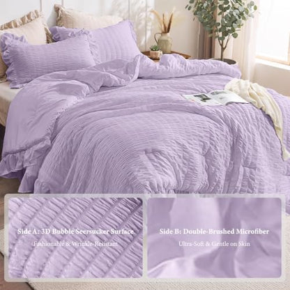 JOLLYVOGUE Lavender King Comforter Set, 3 Pieces Seersucker Comforters King Size, Lightweight & Fluffy Bedding Sets King for All Season with 1 Ruffle Comforter and 2 Ruffle Pillowshams