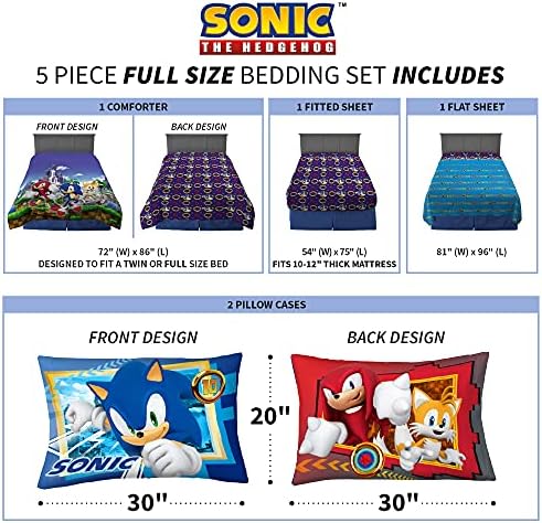 Franco Kids Bedding Super Soft Comforter and Sheet Set, 5 Piece Full Size, Sonic The Hedgehog, Anime