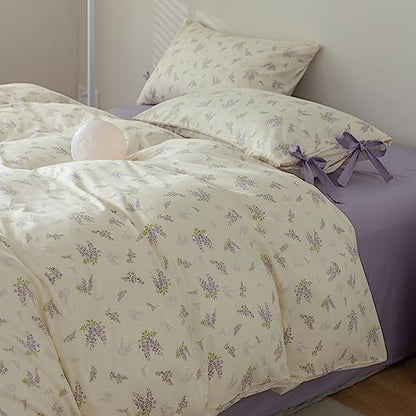mixinni Cotton Purple Floral Duvet Cover Twin Size Soft Cottage Ribbon Bedding Set Girls Comforter Cover with Zipper 4 Corner Ties for Teenage Girls (1 Duvet Cover + 2 Bowknot Pillowcase)-Twin Size