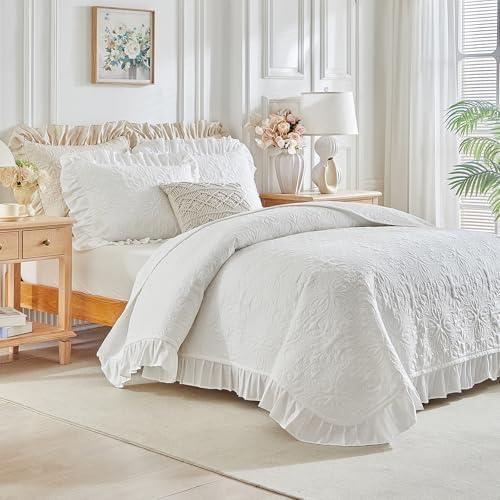 Ruffles Quilt Set Twin Size 68 * 86in - 2 Pieces Solid Shabby Chic Farmhouse Ruffled Bedding Rustic Coverlet Lightweight Fluffy Summer Oversized Bedspread with Shams for Women Men White