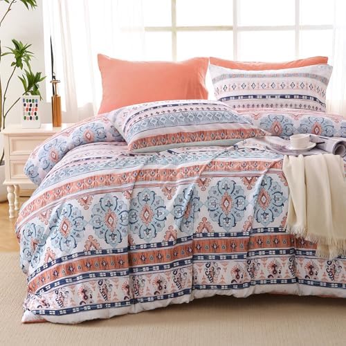MUXHOMO Boho Pink Bed in a Bag Queen 7 Pieces, Queen Comforter Set Reversible Botanical Flowers Design, Ultra Soft & Breathable Bedding Sets with Comforter, Sheets, Pillowcases & Shams