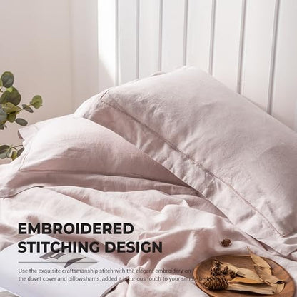 Simple&Opulence 100% French Linen Duvet Cover Set with Embroidered,3 Pcs Washed Soft Farmhouse Bedding Set with Button Closure,1 Comforter Cover and 2 Pillowshams(King,Dusty Pink)