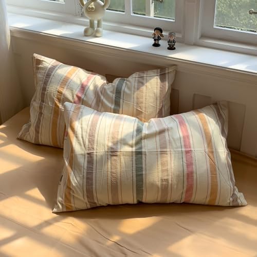 mixinni Vintage Striped Duvet Cover Set Full, 3-Piece 100% Washed Cotton Bedding Set - Soft & Breathable Colorful Comforter Cover with Zipper, All-Season Lightweight Bed Set for Cozy Home