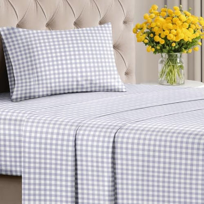 Twin XL 3 Piece Striped Sheet Set - Breathable & Cooling - Grey Gingham
