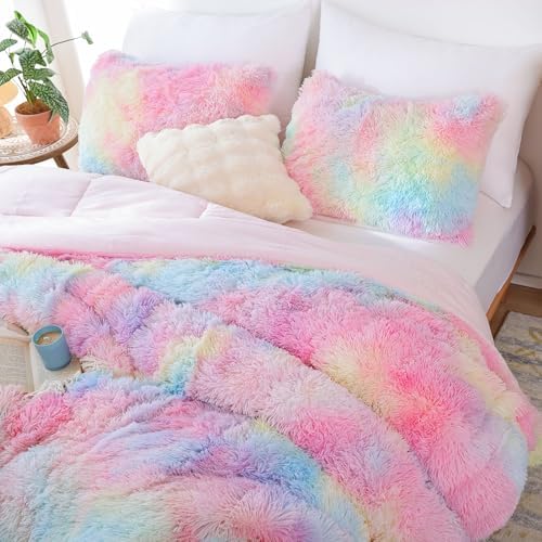 Smoofy Fluffy Twin Comforter Set, Rainbow Faux Fur Comforter Set 2 Pieces