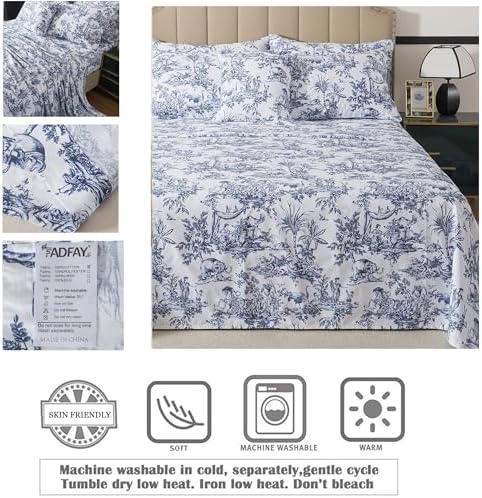 FADFAY Toile Sheet Set Queen Classic Blue & White 100% Egyptian Cotton French Country Bedding Toile de Jouy Pastoral Scenic Farmhouse Bedding Deep Pocket Sheets Breathable Soft for All Seasons 4Pcs