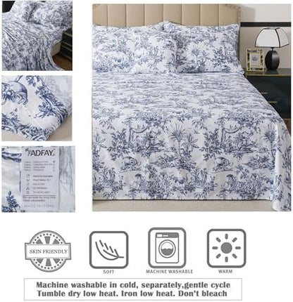FADFAY Toile Sheet Set Queen Classic Blue & White 100% Egyptian Cotton French Country Bedding Toile de Jouy Pastoral Scenic Farmhouse Bedding Deep Pocket Sheets Breathable Soft for All Seasons 4Pcs