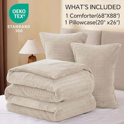 ChiXpace Fleece Twin Size Comforter Set Linen, Fluffy Bed Set 2 Pieces