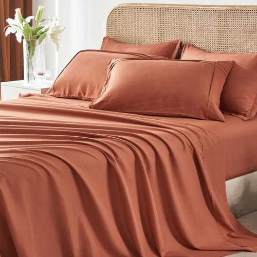 Yogeneg Full Size Comforter Set 7 Piece Bed in a Bag,Grid Pinch Pleat Terracotta Bedding Set,Striped Textured Soft Microfiber Comforter with Sheet Set,All Season Complete Bed Set(Terracotta,Full)