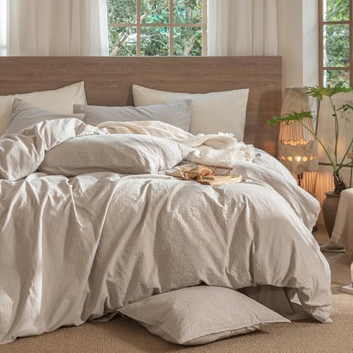 MooMee Wavy Striped Duvet Cover Set 100% Washed Cotton Linen Like Textured Breathable Durable Soft Comfy (Beige, Super King 108"x98")