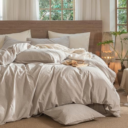 MooMee Wavy Striped Duvet Cover Set 100% Washed Cotton Linen Like Textured Breathable Durable Soft Comfy (Beige, Super King 108"x98")