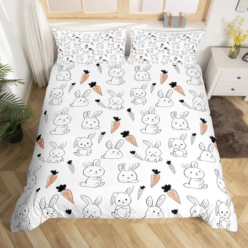 Kawaii Bedding Set, for Kids Girls Cute Cartoon Rabbit Bedding Set, Sketch Carrot Duvet Cover, Kawaii Room Decor, Pink Soft Reversible Comforter Cover Set, Lovely Animal Bedding Comforter, Queen Size
